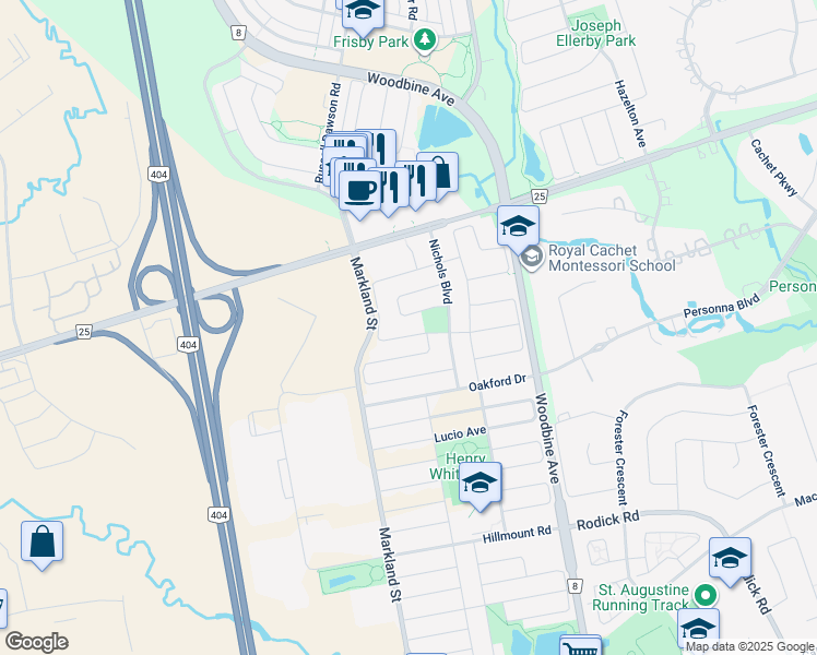 map of restaurants, bars, coffee shops, grocery stores, and more near 20 Starhill Crescent in Markham