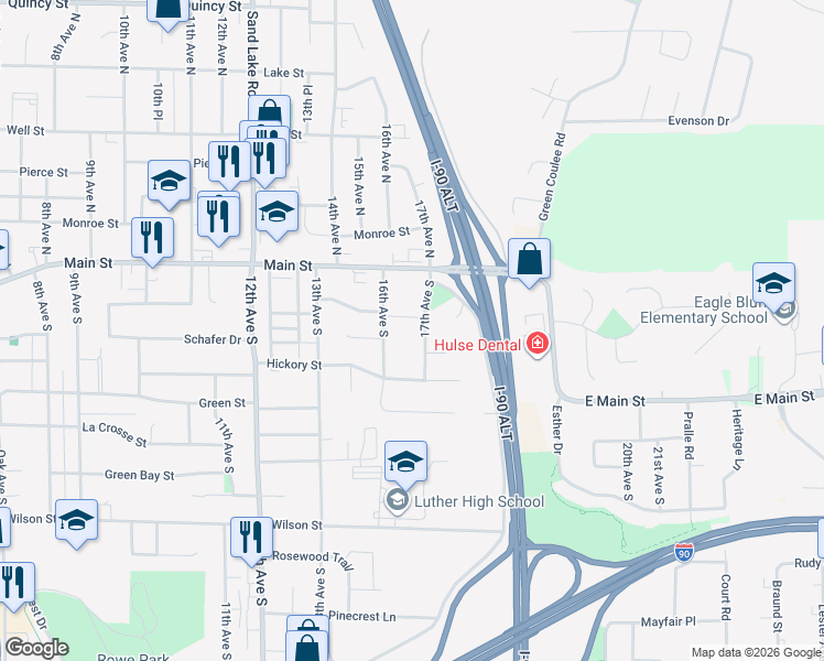 map of restaurants, bars, coffee shops, grocery stores, and more near 124 17th Avenue North in Onalaska