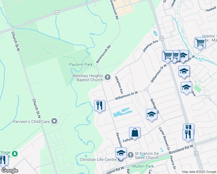 map of restaurants, bars, coffee shops, grocery stores, and more near 22 Stammers Drive in Ajax