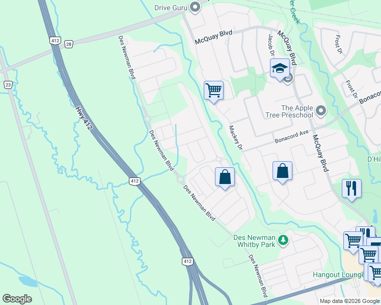 map of restaurants, bars, coffee shops, grocery stores, and more near 28 Broden Crescent in Whitby
