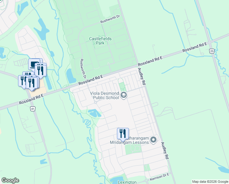 map of restaurants, bars, coffee shops, grocery stores, and more near 10 Pendrill Way in Ajax
