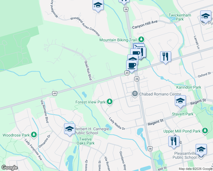 map of restaurants, bars, coffee shops, grocery stores, and more near 58 Lady Loretta Lane in Vaughan