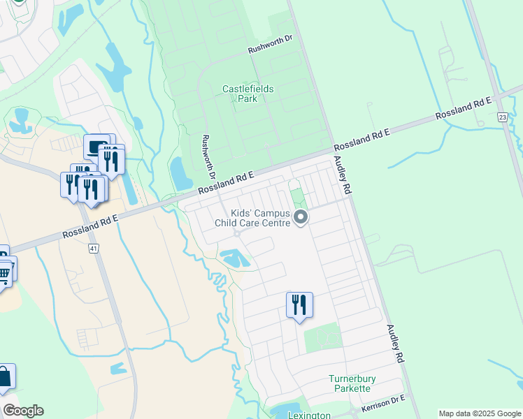 map of restaurants, bars, coffee shops, grocery stores, and more near 18 Silvester Street in Ajax