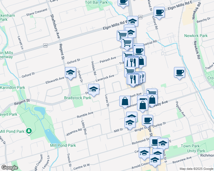 map of restaurants, bars, coffee shops, grocery stores, and more near 231 Lucas Street in Richmond Hill