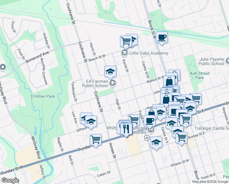 map of restaurants, bars, coffee shops, grocery stores, and more near Walnut Street West in Whitby