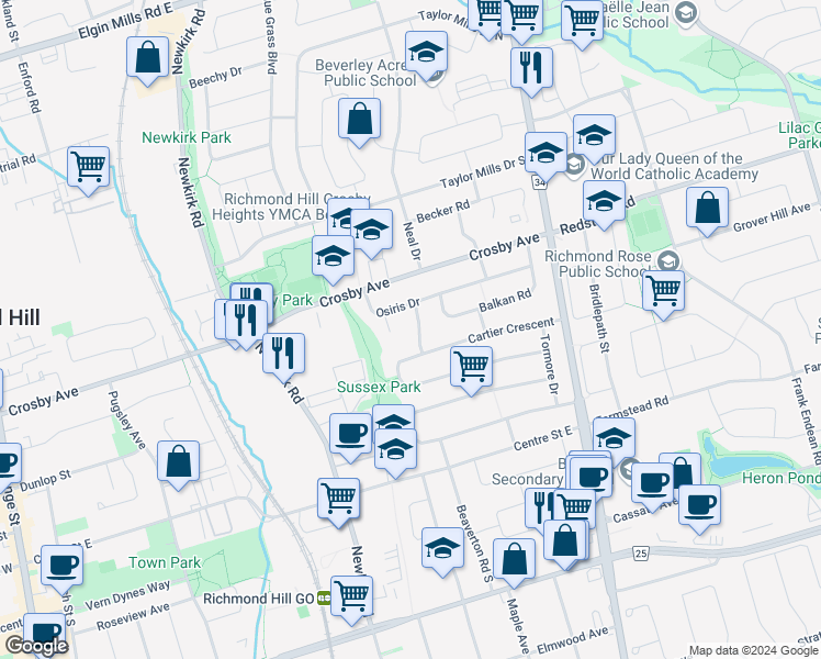 map of restaurants, bars, coffee shops, grocery stores, and more near 112 Talmage Avenue in Richmond Hill