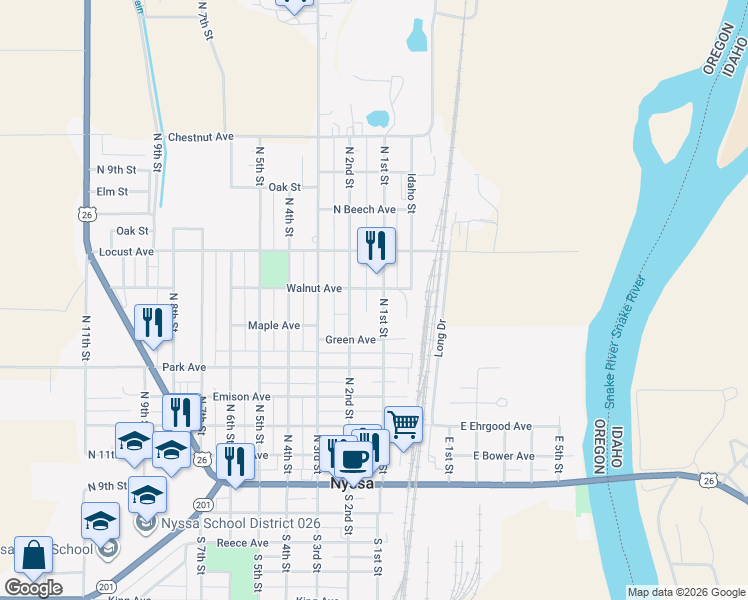map of restaurants, bars, coffee shops, grocery stores, and more near 533 North 1st Street in Nyssa