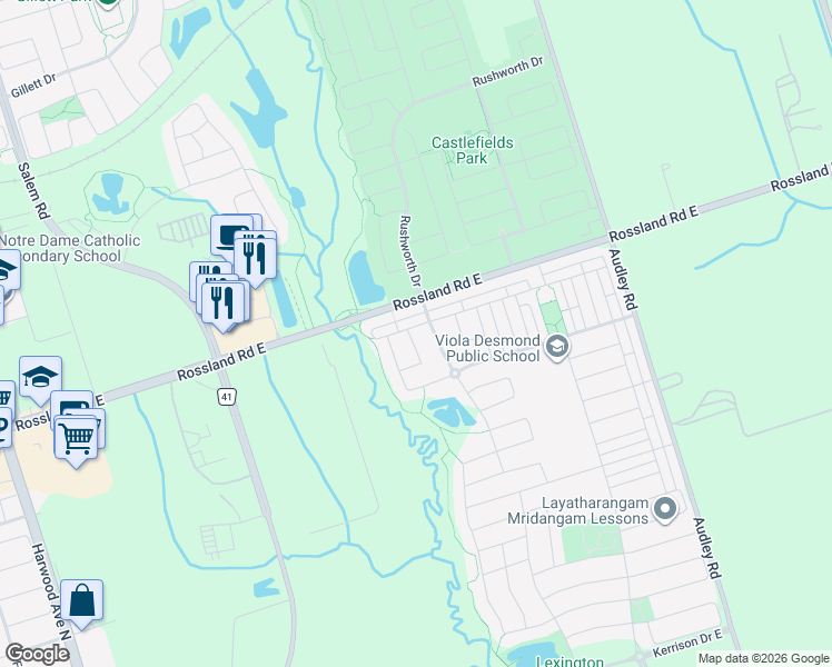 map of restaurants, bars, coffee shops, grocery stores, and more near 7 Boylett Road in Ajax
