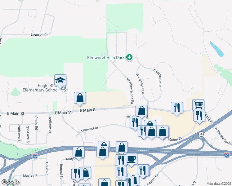 map of restaurants, bars, coffee shops, grocery stores, and more near W5810 Hickory Point Court in Onalaska