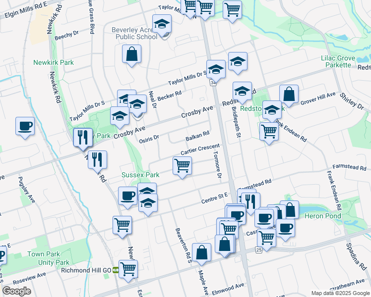 map of restaurants, bars, coffee shops, grocery stores, and more near 98 Cartier Crescent in Richmond Hill