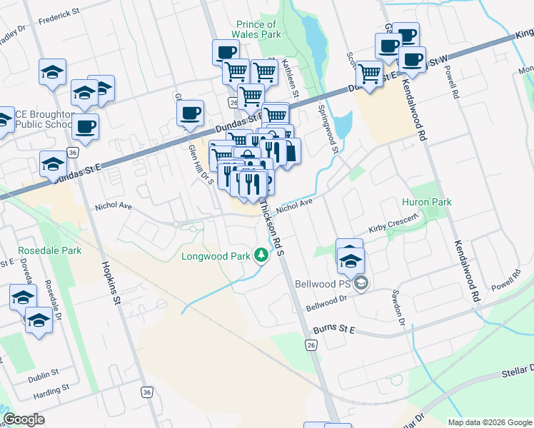 map of restaurants, bars, coffee shops, grocery stores, and more near Thickson Rd S & Nichol Ave in Whitby