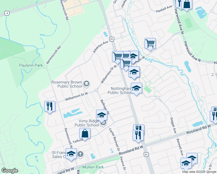 map of restaurants, bars, coffee shops, grocery stores, and more near 94 Tozer Crescent in Ajax