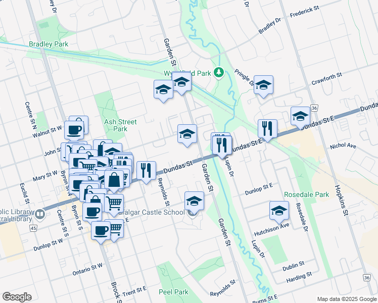 map of restaurants, bars, coffee shops, grocery stores, and more near 100 Garden Street in Whitby