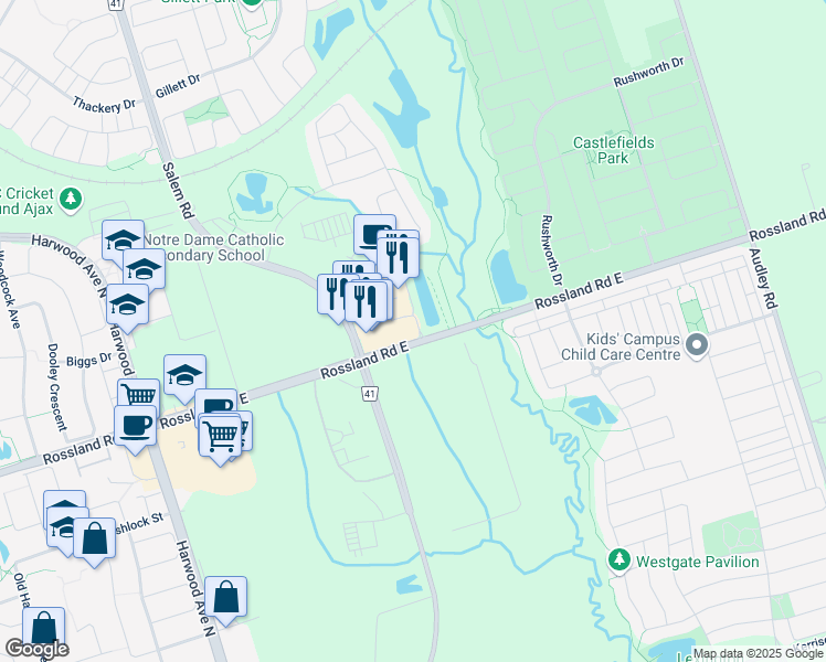 map of restaurants, bars, coffee shops, grocery stores, and more near 330 Rossland Road East in Ajax