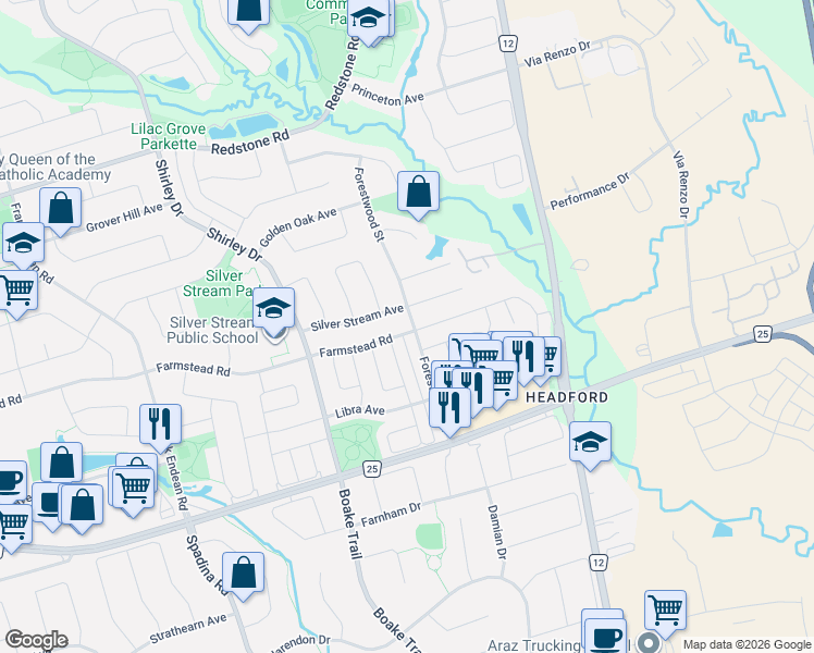 map of restaurants, bars, coffee shops, grocery stores, and more near 262 Farmstead Road in Richmond Hill
