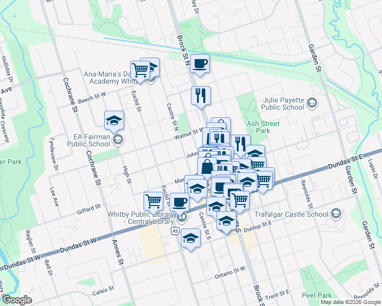 map of restaurants, bars, coffee shops, grocery stores, and more near 212 John Street West in Whitby