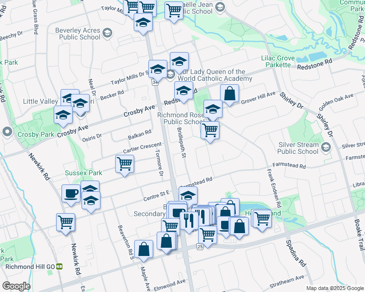 map of restaurants, bars, coffee shops, grocery stores, and more near Bridlepath Street in Richmond Hill