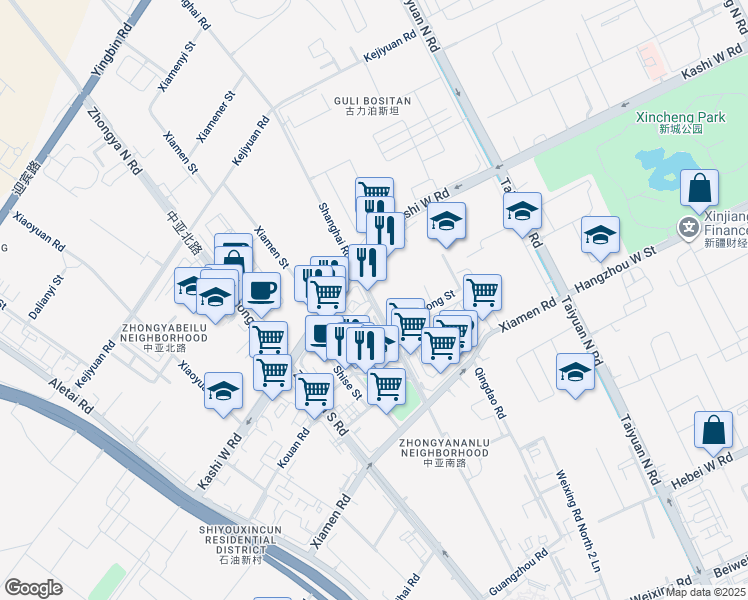 map of restaurants, bars, coffee shops, grocery stores, and more near 20 Shanghai Road in Wulumuqi Shi