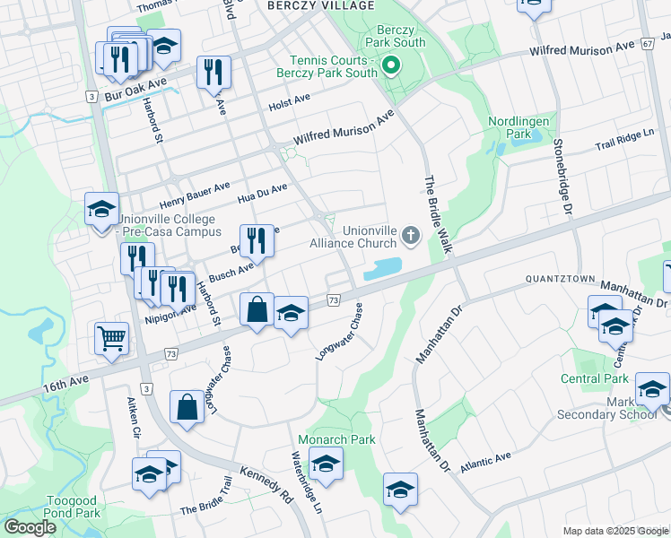 map of restaurants, bars, coffee shops, grocery stores, and more near 126 Christian Ritter Drive in Markham