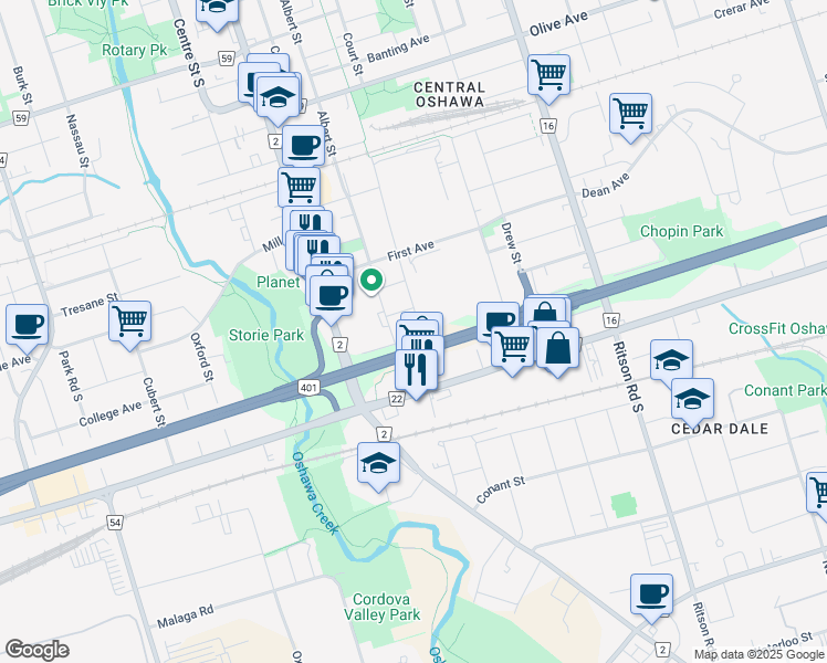 map of restaurants, bars, coffee shops, grocery stores, and more near in Oshawa