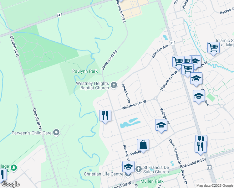 map of restaurants, bars, coffee shops, grocery stores, and more near 22 Stammers Drive in Ajax