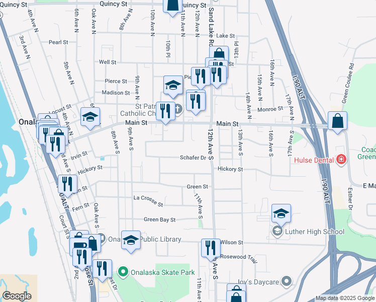 map of restaurants, bars, coffee shops, grocery stores, and more near 1103 Schafer Drive in Onalaska