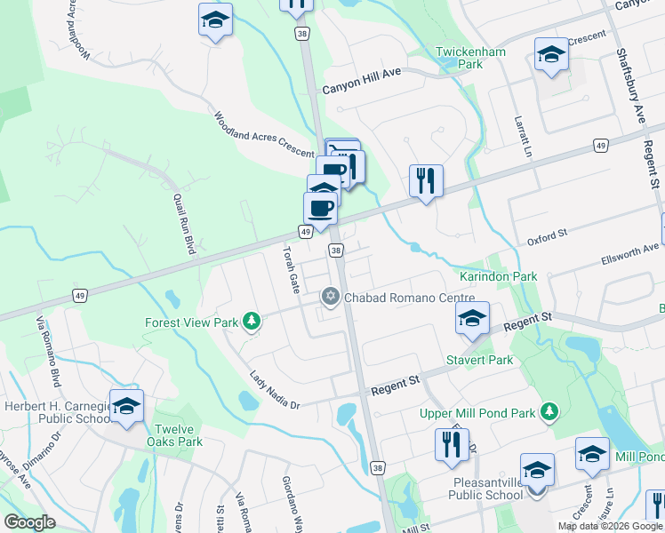 map of restaurants, bars, coffee shops, grocery stores, and more near 10608 Bathurst Street in Richmond Hill