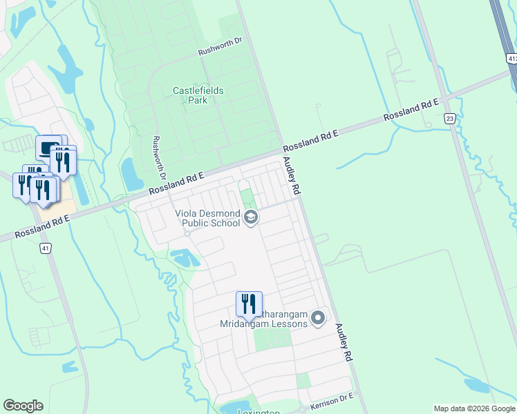 map of restaurants, bars, coffee shops, grocery stores, and more near 102 Goss Lane in Ajax