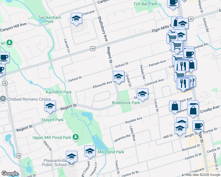 map of restaurants, bars, coffee shops, grocery stores, and more near 44 Gatcombe Circle in Richmond Hill