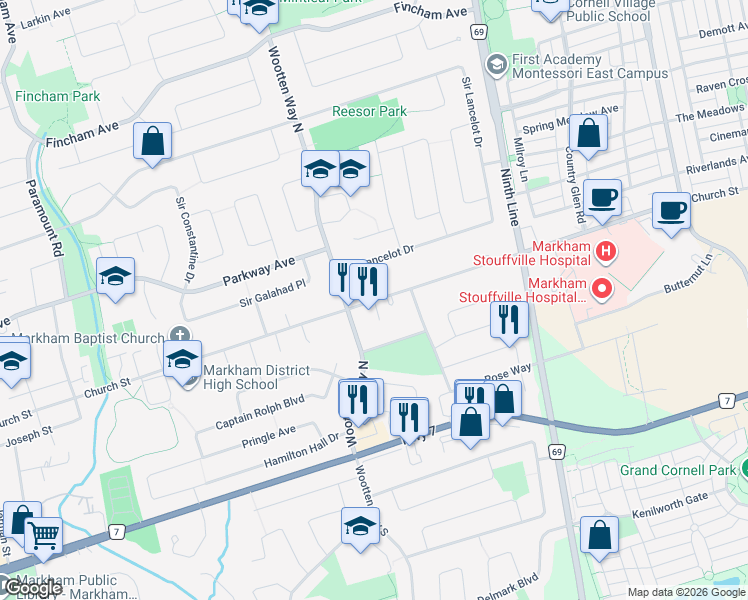 map of restaurants, bars, coffee shops, grocery stores, and more near Church Street in Markham