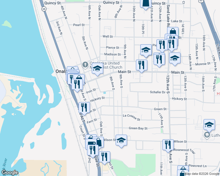 map of restaurants, bars, coffee shops, grocery stores, and more near 138 8th Avenue South in Onalaska