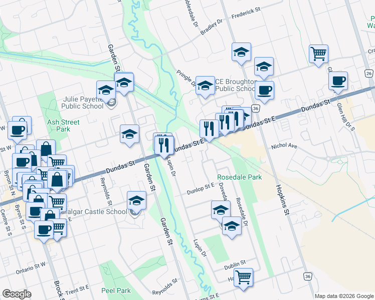 map of restaurants, bars, coffee shops, grocery stores, and more near 101 Craydon Road in Whitby