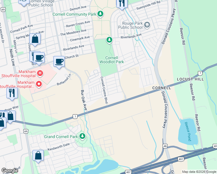 map of restaurants, bars, coffee shops, grocery stores, and more near 106 Frederick Wilson Avenue in Markham