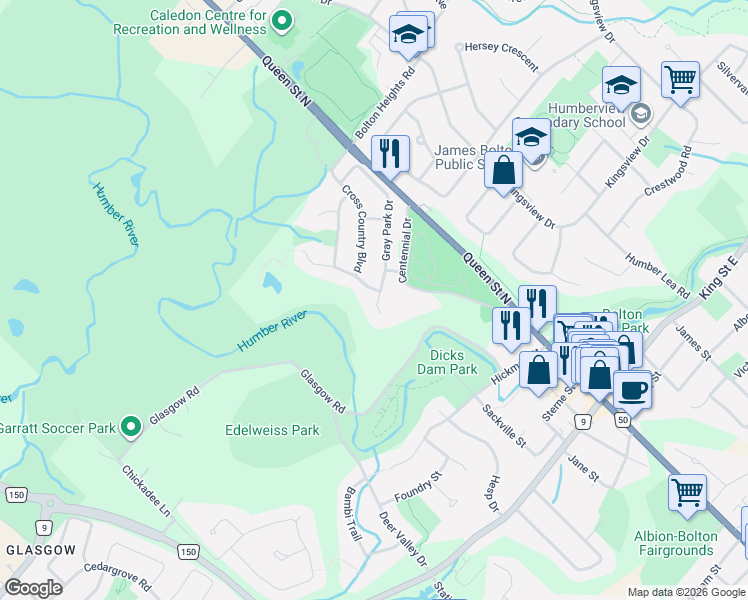 map of restaurants, bars, coffee shops, grocery stores, and more near 99 Gray Park Drive in Bolton