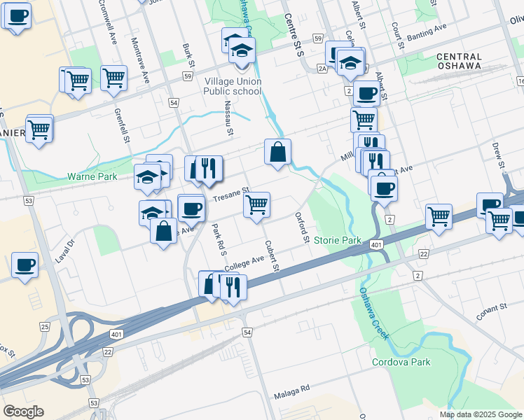 map of restaurants, bars, coffee shops, grocery stores, and more near 509 Cubert Street in Oshawa