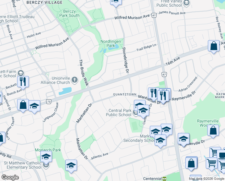 map of restaurants, bars, coffee shops, grocery stores, and more near 35 Hewlett Crescent in Markham
