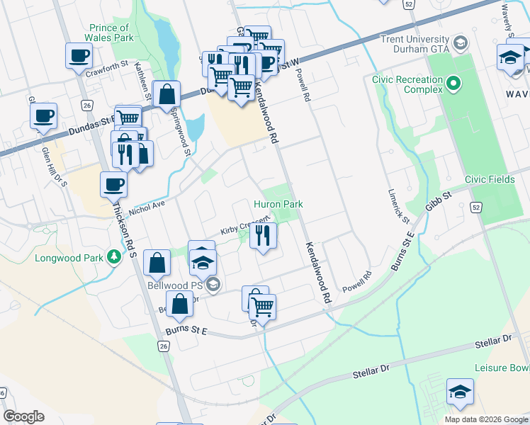 map of restaurants, bars, coffee shops, grocery stores, and more near 98 Kirby Crescent in Whitby