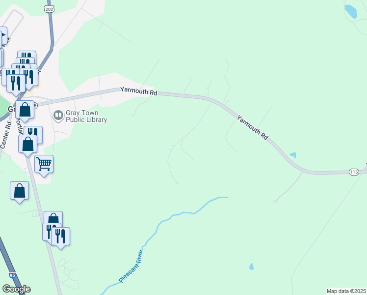 map of restaurants, bars, coffee shops, grocery stores, and more near 15 Woodcock Drive in Gray