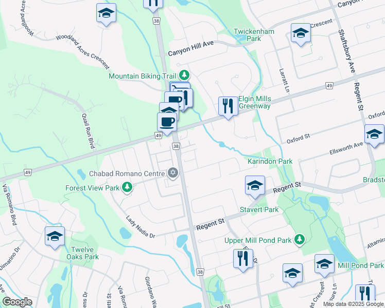 map of restaurants, bars, coffee shops, grocery stores, and more near 36 Kingsville Lane in Richmond Hill