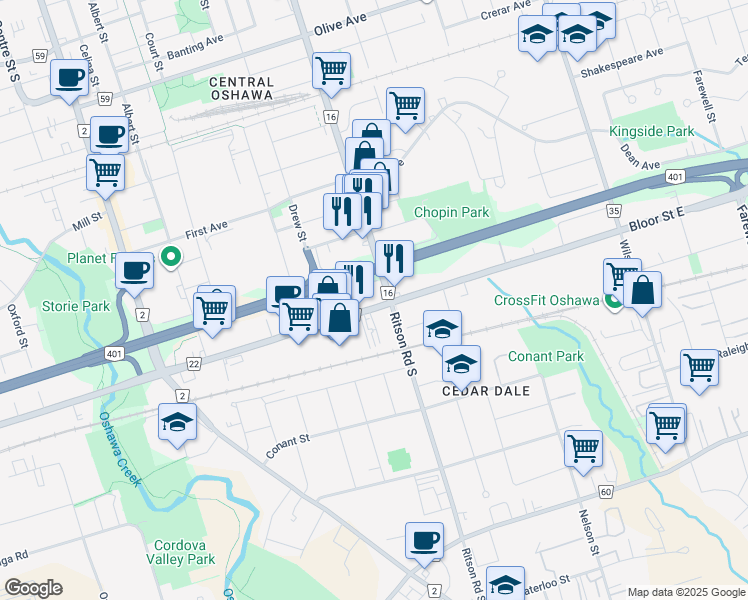 map of restaurants, bars, coffee shops, grocery stores, and more near 252 Bloor Street East in Oshawa