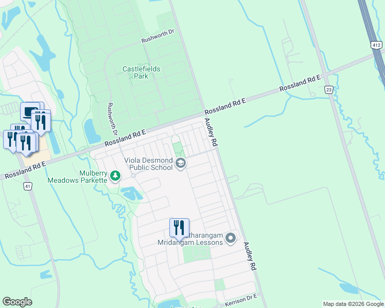 map of restaurants, bars, coffee shops, grocery stores, and more near 2 Blunden Road in Ajax