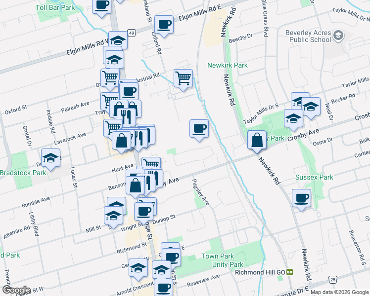 map of restaurants, bars, coffee shops, grocery stores, and more near 165 Stephenson Crescent in Richmond Hill