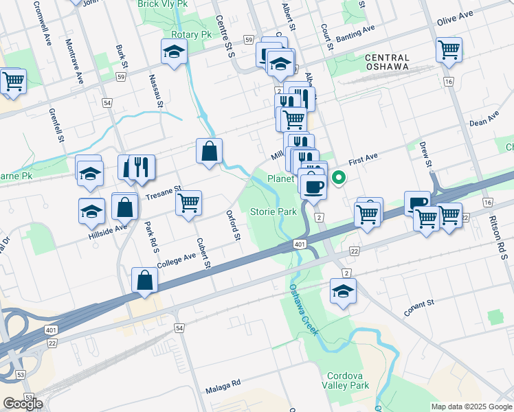 map of restaurants, bars, coffee shops, grocery stores, and more near 111 Mill Street in Oshawa