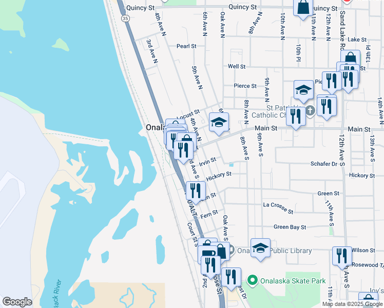 map of restaurants, bars, coffee shops, grocery stores, and more near 214 Main Street in Onalaska