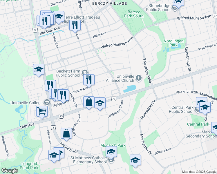 map of restaurants, bars, coffee shops, grocery stores, and more near 73 Manila Avenue in Markham