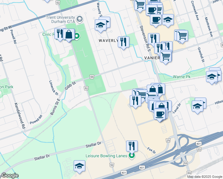 map of restaurants, bars, coffee shops, grocery stores, and more near 340 Vancouver Crescent in Oshawa