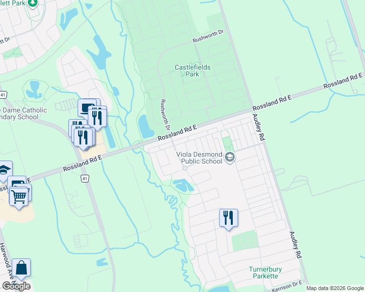 map of restaurants, bars, coffee shops, grocery stores, and more near 9 Barnham Street in Ajax