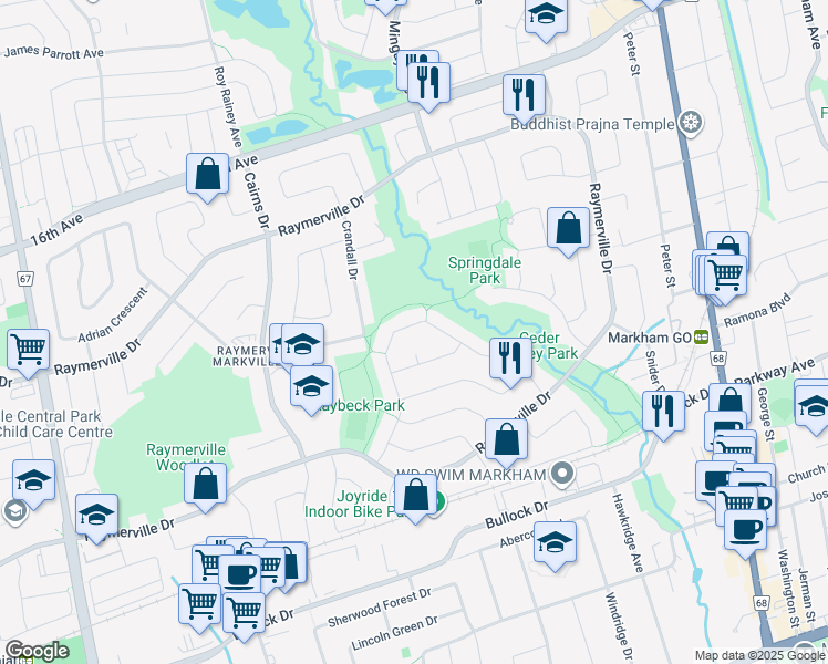 map of restaurants, bars, coffee shops, grocery stores, and more near 63 Beck Drive in Markham