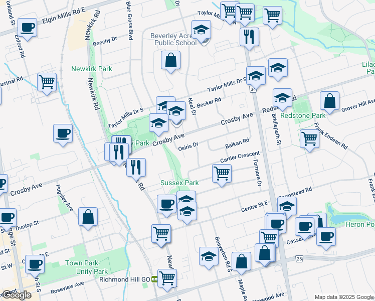 map of restaurants, bars, coffee shops, grocery stores, and more near in Richmond Hill