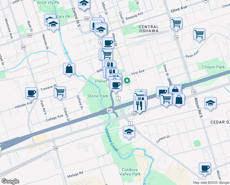 map of restaurants, bars, coffee shops, grocery stores, and more near 578 Durham Regional Road 2 in Oshawa